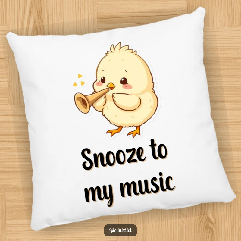 Funny decorative pillow with a fluffy chick playing a tiny trumpet, offering cute and musical comfort.