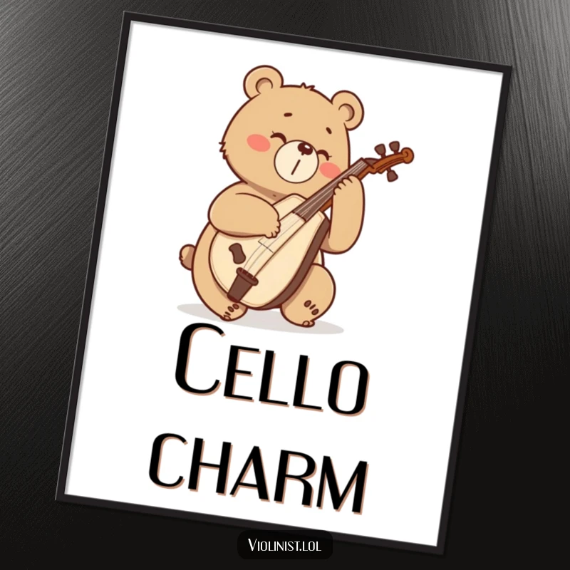 Funny determined bear playing a cello with enthusiasm, presented as digital art for printing.