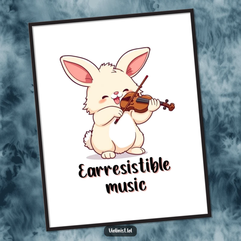 Funny digital art of a fluffy bunny with big ears joyfully playing the violin with great enthusiasm, conveying musical passion.