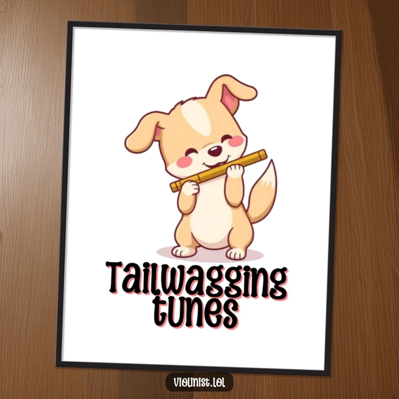 Funny dog digital art print, a happy dog wagging its tail, humorously attempting to play a flute, radiating pure joy and musical aspiration.