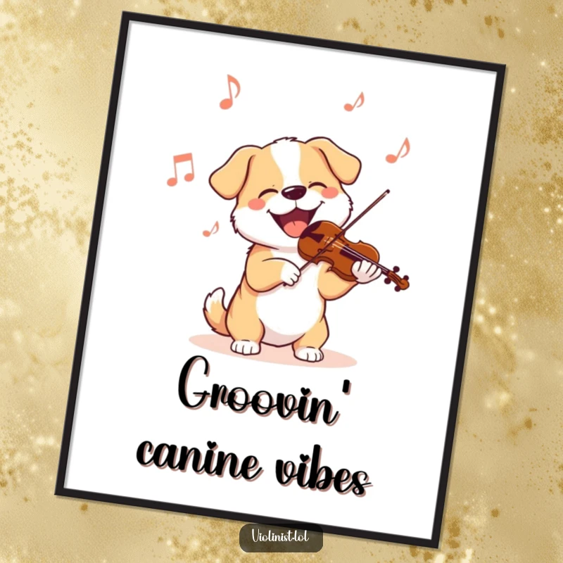Funny dog digital art print of a delighted dog playing a violin with its head bobbing, radiating happiness and musical energy.