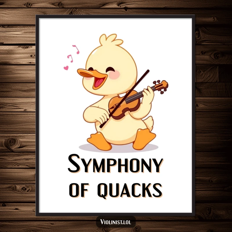 Funny cheerful duck playing a violin with virtuosic flair, presented as digital art for printing.