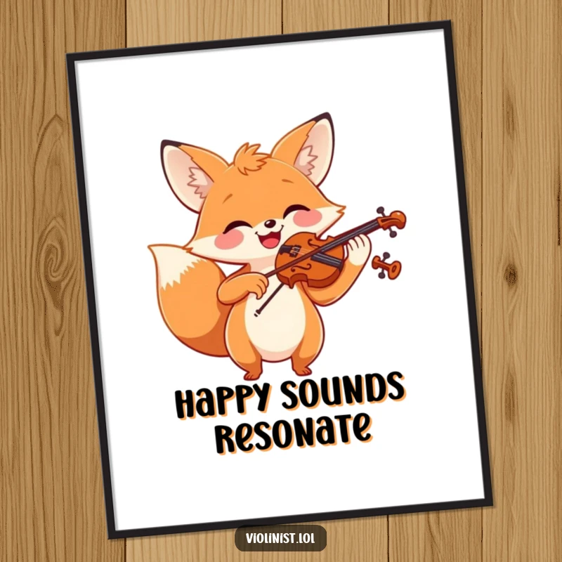 Funny cheerful fox playing violin with a big smile, vibrant digital art print.