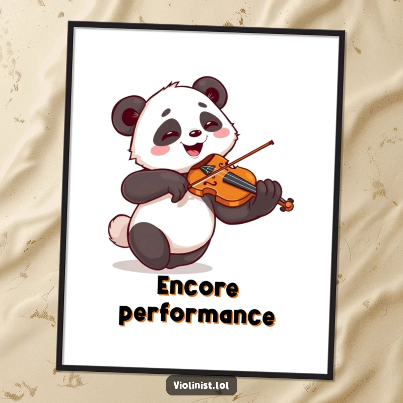 Funny digital art print of a giggling panda performing the violin with an exaggerated, joyful flourish, instantly downloadable humor.
