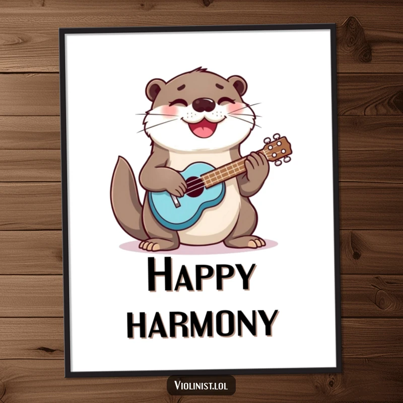 Funny otter playing ukulele with a happy face, a downloadable digital art print for joyful and humorous decor.