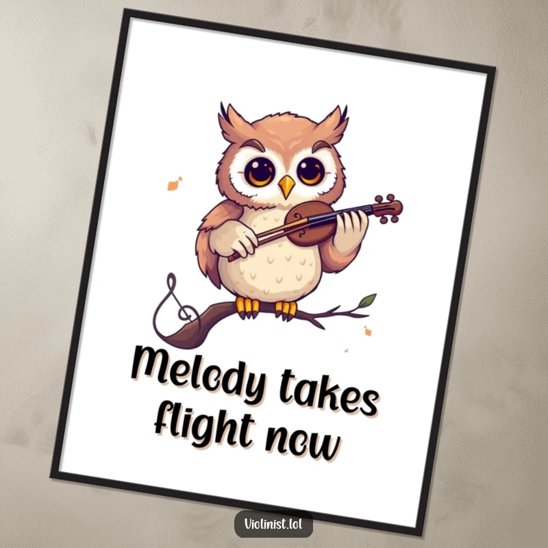 Funny digital art print of a curious owl playing a violin on a musical note, capturing a moment of pure, humorous musical wisdom.