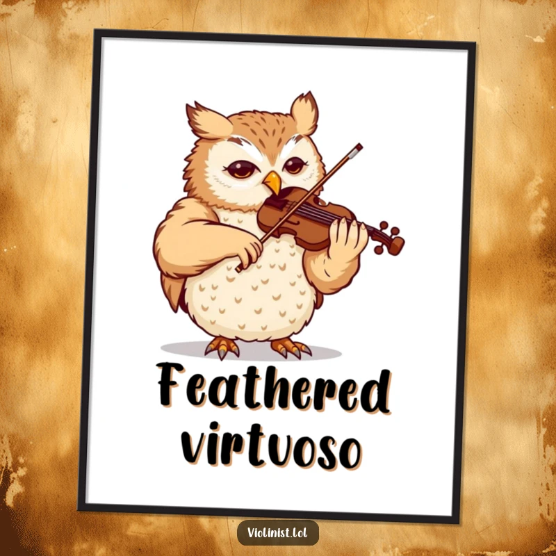 Funny owl digital art print, content and focused, performing a violin piece, elegant and humorous wall decor.