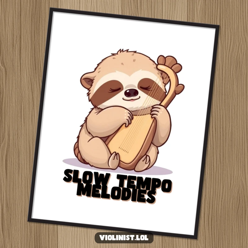 Funny sloth digital art print, a sleepy sloth gently plucking a harp with one claw, radiating peace and musical harmony.