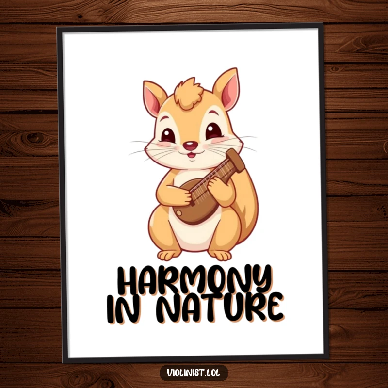Funny squirrel harp digital art print, a curious squirrel playing a tiny harp, bringing whimsical musical charm.