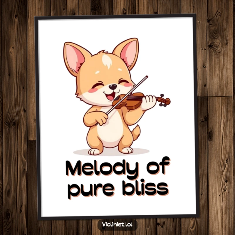 Funny digital art print of a happy dog playing violin with ears perked up, radiating musical joy and artistic charm.