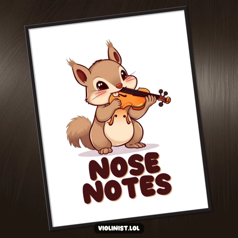Funny squirrel digital art print showing a curious squirrel balancing a violin on its nose, whimsical and humorous wall art.