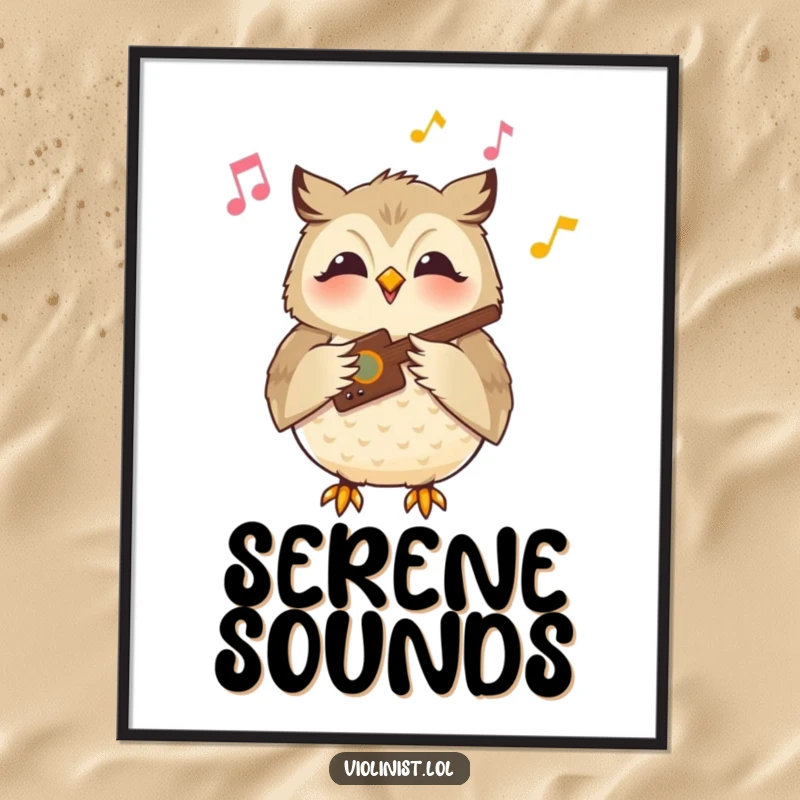 Funny owl digital art print showing a content owl playing a musical instrument with a serene smile, peaceful and humorous.