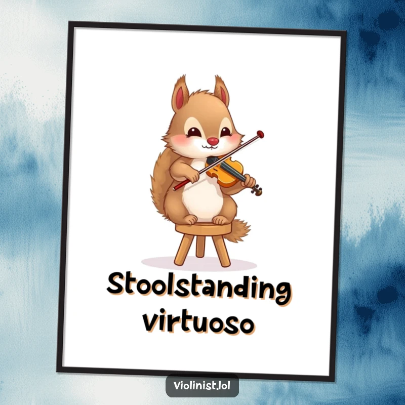 Funny squirrel digital art print of a fluffy rodent playing the violin with perfect balance on a small stool, showcasing talent.