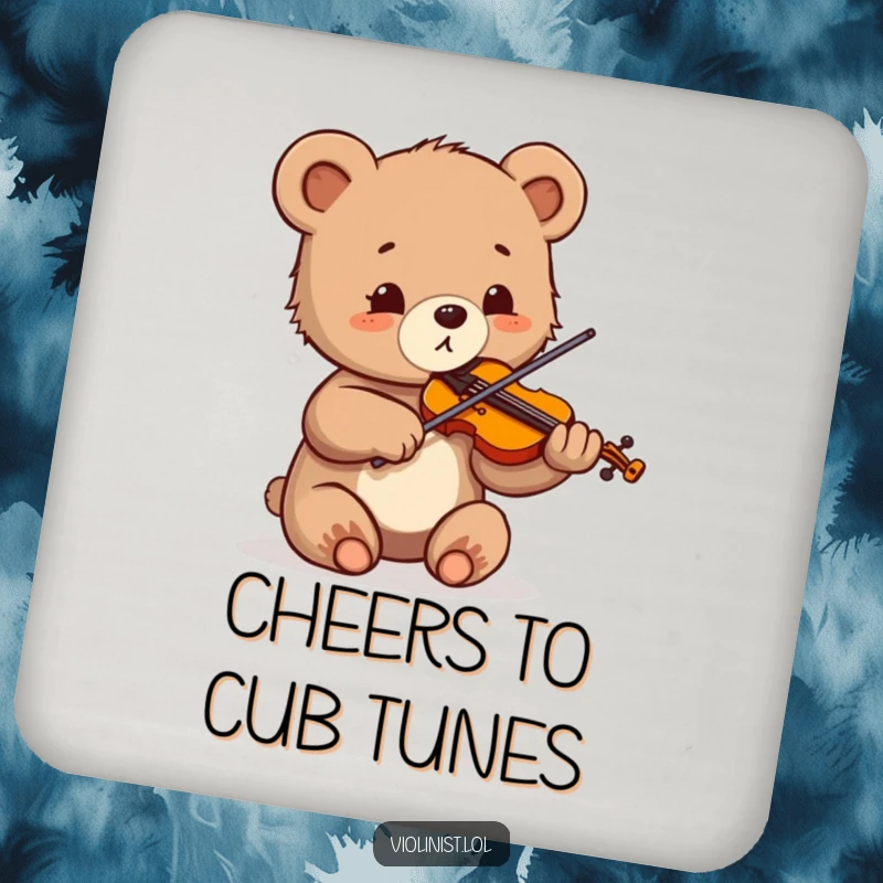 Funny coasters featuring a small bear cub playing the violin with wide, delighted eyes and energetic passion.