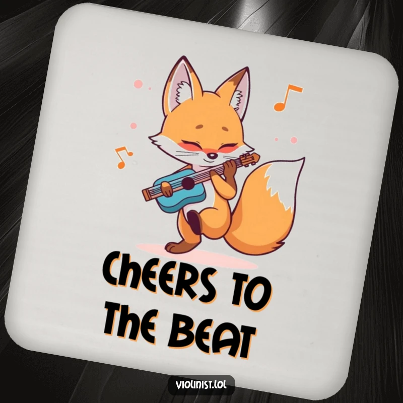 Funny fox coaster with a determined vulpine tapping its foot while playing music, a stylish and rhythmic addition.