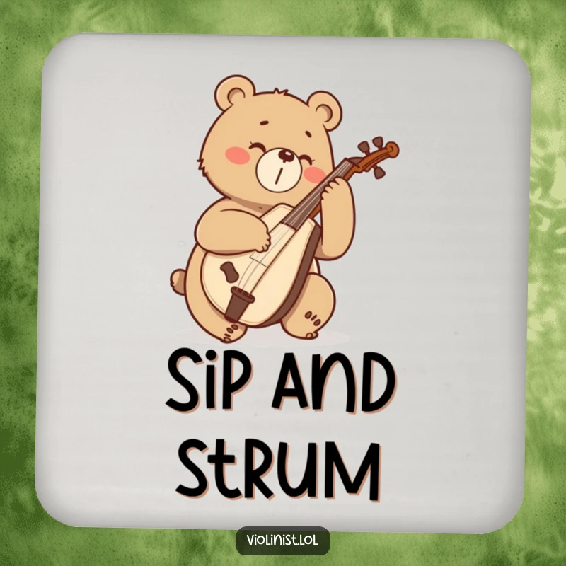 Funny bear enthusiastically playing a cello, featured on a protective drink coaster.