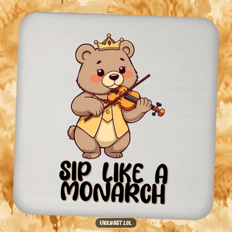 Funny proud bear playing violin with regal posture, a humorous drink coaster.