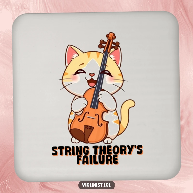 Funny drink coaster depicting a confused cat holding a violin upside down, adding humor to any beverage setting.