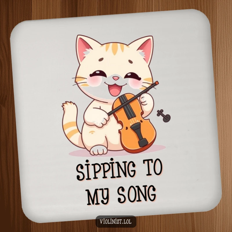 Funny cat coaster depicting a cheerful feline enthusiastically playing a tiny violin, a charming and musical addition to any table.