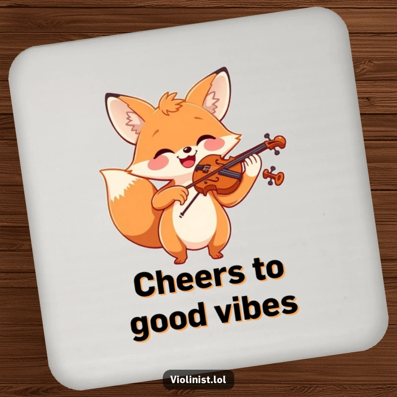 Funny fox playing violin with a big smile, a humorous drink coaster.