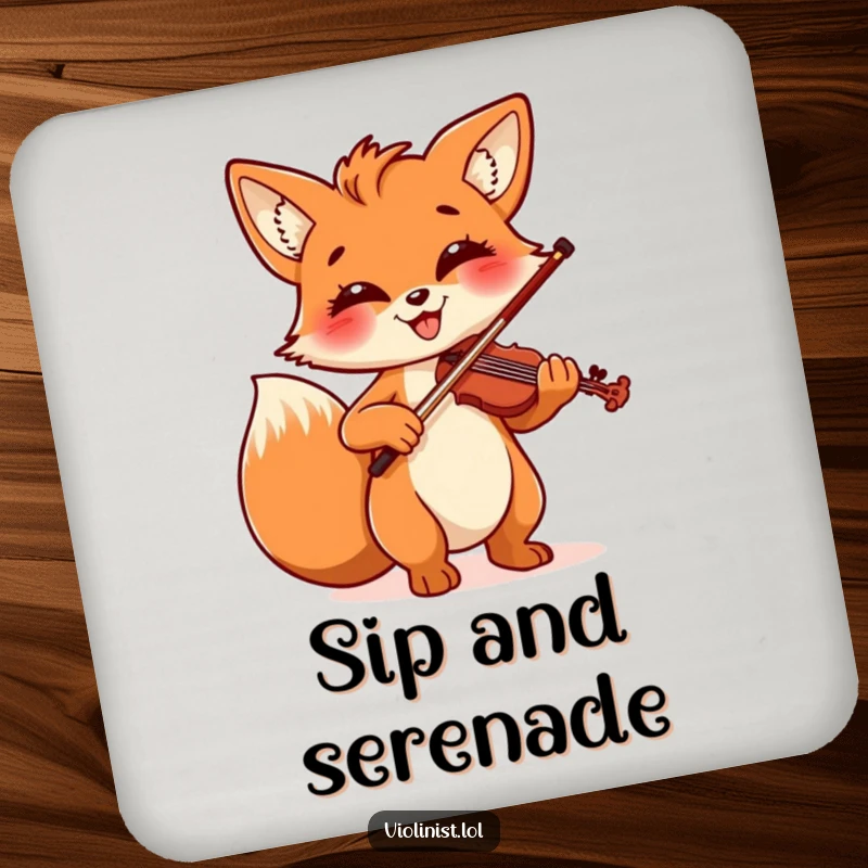 Funny coaster featuring a cheerful fox with a beaming smile, playing the violin with exuberant musical flair.