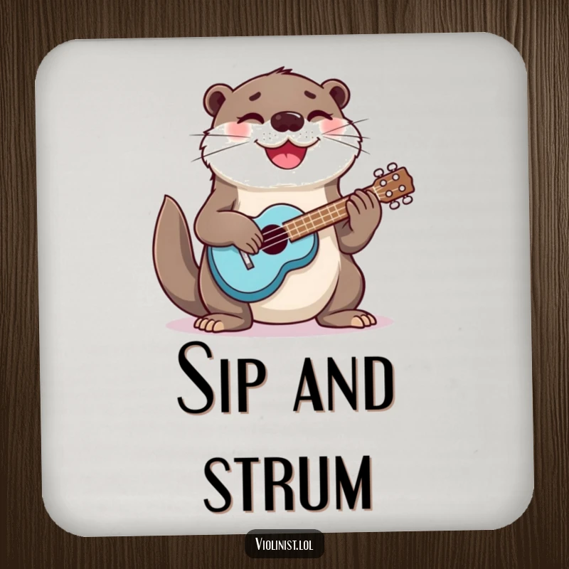 Funny otter strumming a ukulele, depicted on this drink coaster for adding musical humor to any surface.