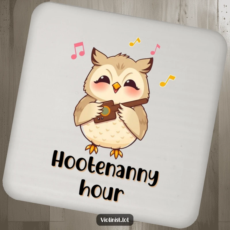 Funny owl drink coaster with a content owl playing a musical instrument with a serene smile, protecting surfaces with peaceful humor.