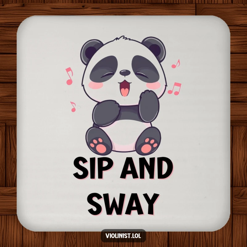Funny panda with eyes shut tight in melodic bliss on a protective drink coaster, perfect for funny gifts.