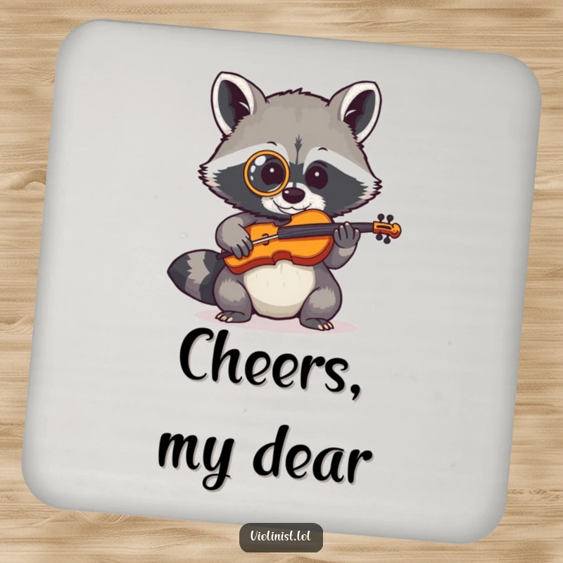Shy raccoon wearing a monocle playing a tiny fiddle, featured on a protective drink coaster.
