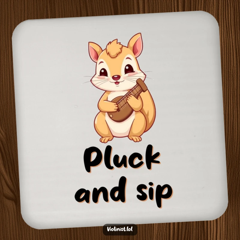 Funny squirrel typing drink coaster showing a curious squirrel playing a tiny harp, adding whimsical musical protection.