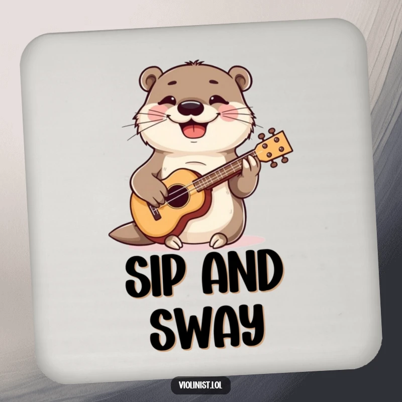 Funny otter grinning while strumming a ukulele, humorous drink coaster, musical table accessory.