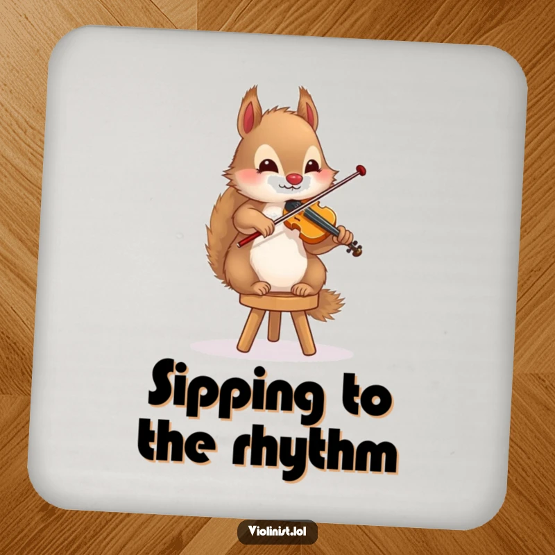 Funny squirrel coaster with a fluffy rodent playing the violin while balancing on a small stool, a stylish and artistic addition.