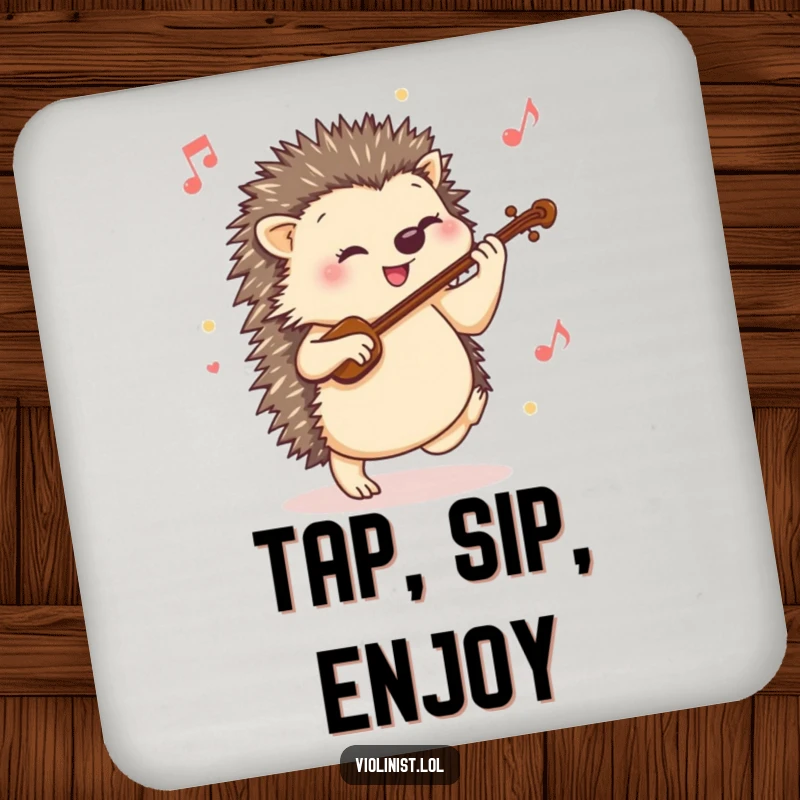 Funny hedgehog typing drink coaster showing a happy hedgehog tapping its foot to a lively violin tune, adding musical protection.