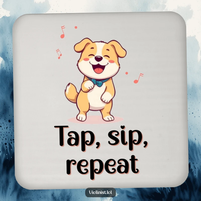 Funny drink coaster with a happy dog enthusiastically tapping its foot to a melody, adding rhythmic humor.