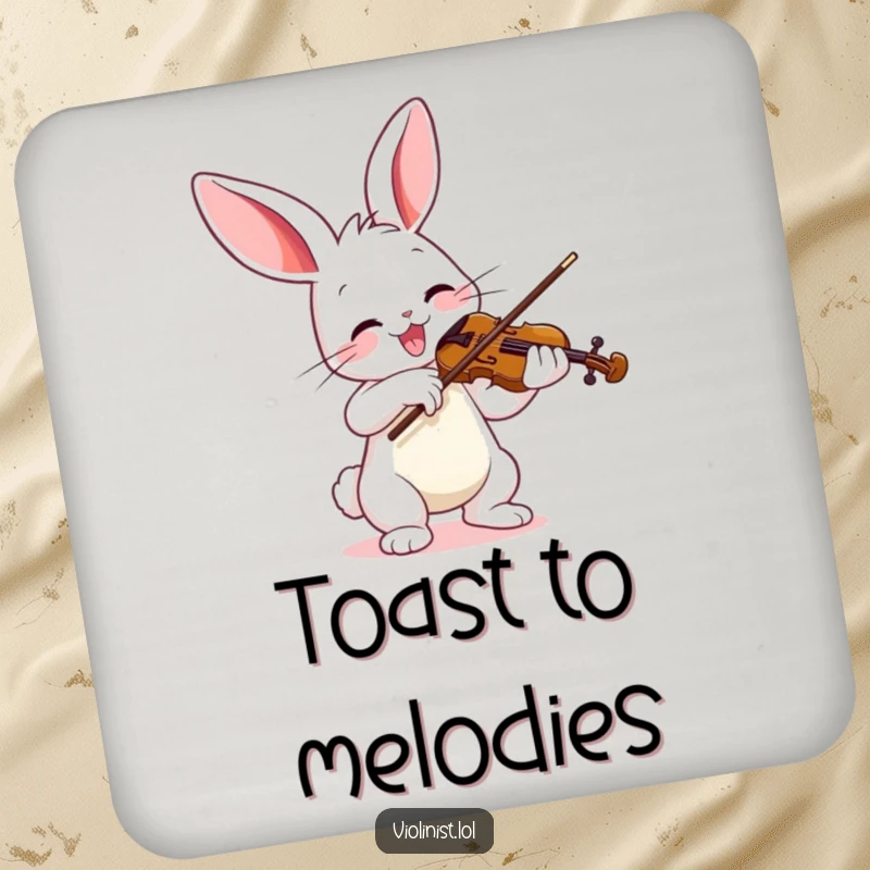 Funny drink coaster with a joyful bunny enthusiastically playing a violin with a vibrant bow, adding musical humor.