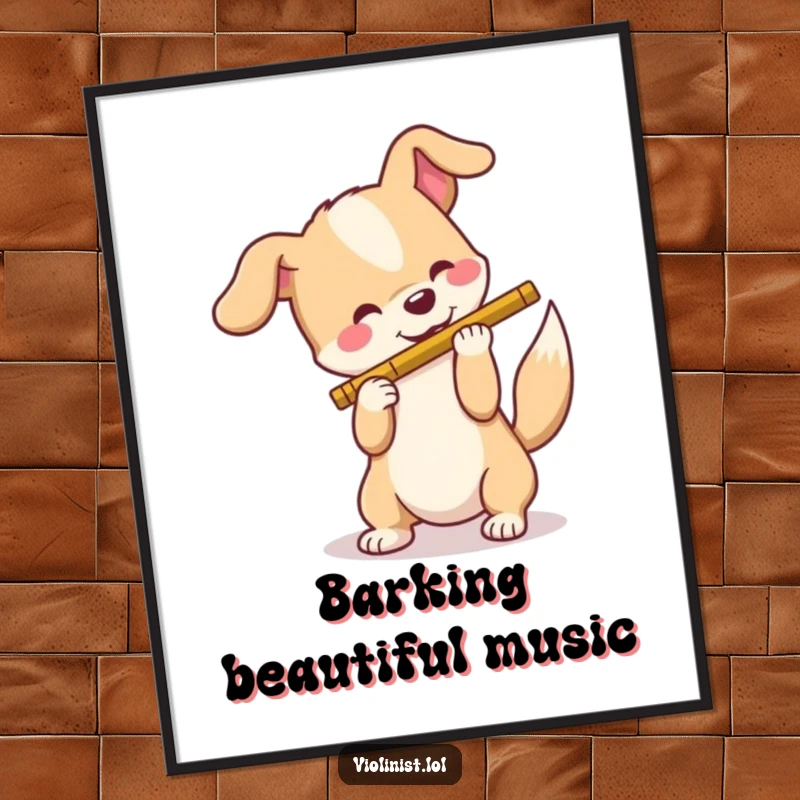 Funny dog poster, a happy dog with a wagging tail attempting to play a flute, capturing a moment of pure, unadulterated musical joy.