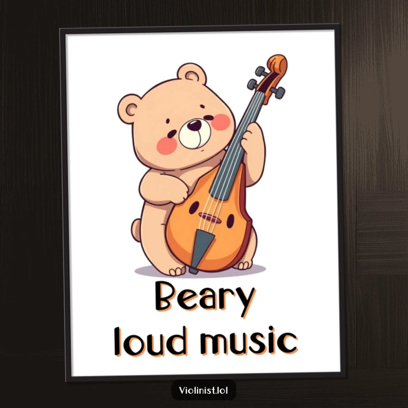 Funny bear playing a massive cello with a joyful expression, creating a lively and humorous wall art poster.