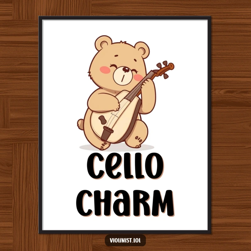 Funny determined bear sawing enthusiastically on a cello, presented as a decorative poster.