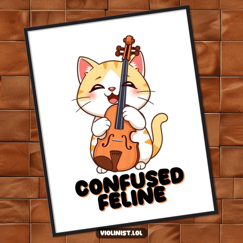 Funny poster art of a smiling cat holding a violin upside down, capturing a moment of musical bewilderment and charm.