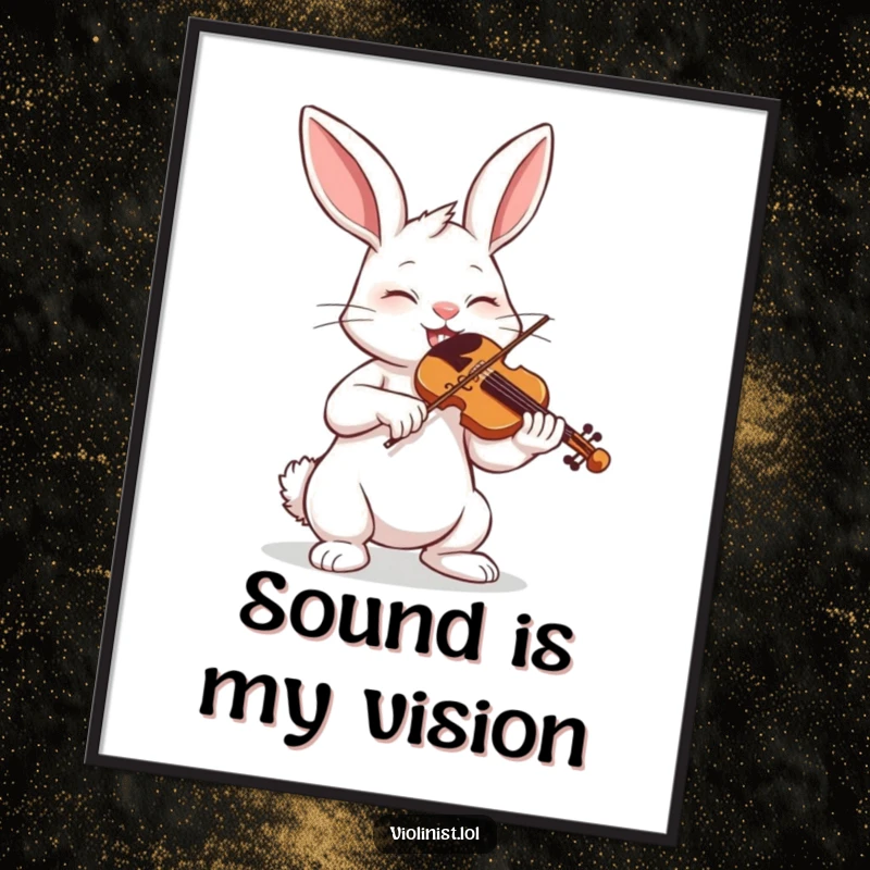 Funny bunny playing violin with eyes closed, intense concentration, ideal for wall art.