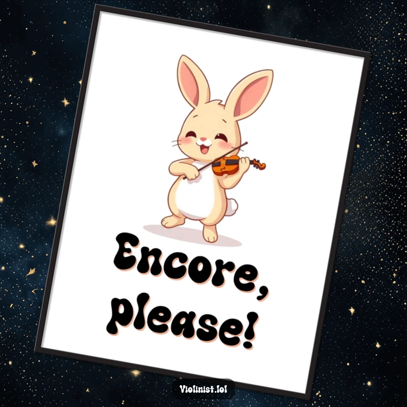 Funny, cheerful bunny playing a violin with gusto, dancing with joy, printed as a humorous wall poster, funny gift.