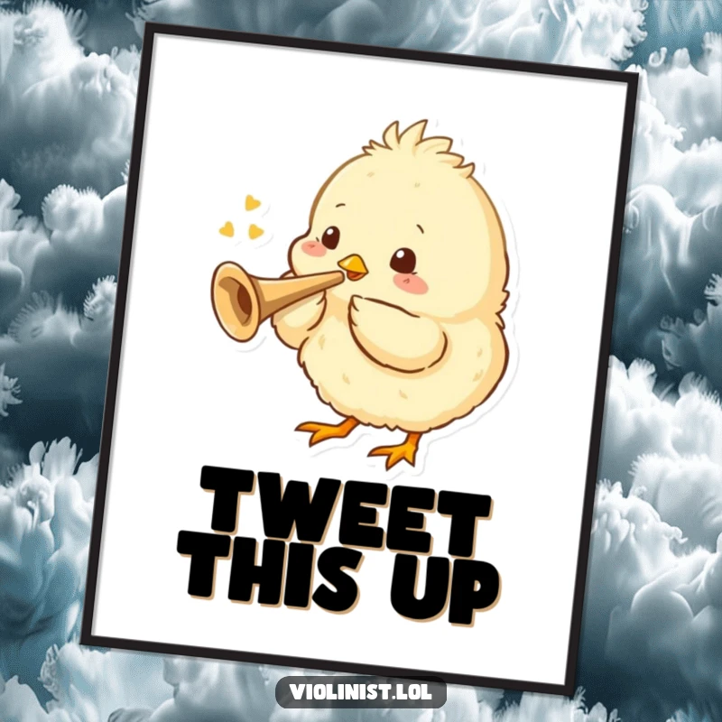 Funny poster print of a fluffy chick enthusiastically playing a tiny trumpet, bringing cheerful musical energy.