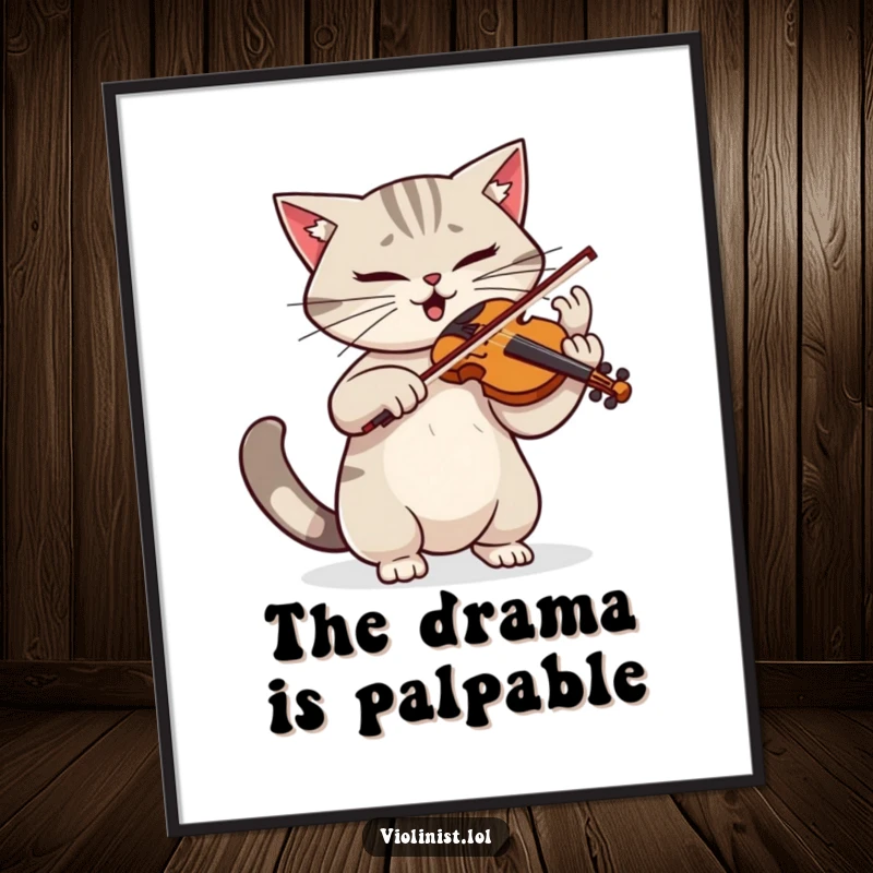 Funny poster of a determined cat playing violin with dramatic flair and a twitching tail, capturing a moment of intense musical passion.