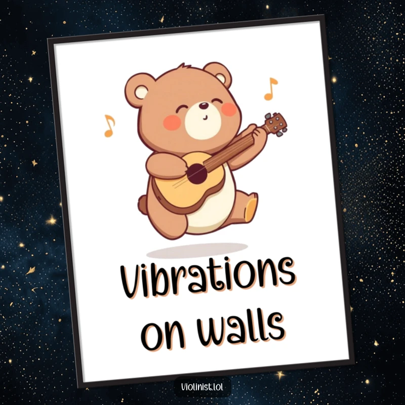 Funny energetic bear poster, captured mid-bounce playing a happy melody, radiating infectious musical energy and artistic charm for any wall.