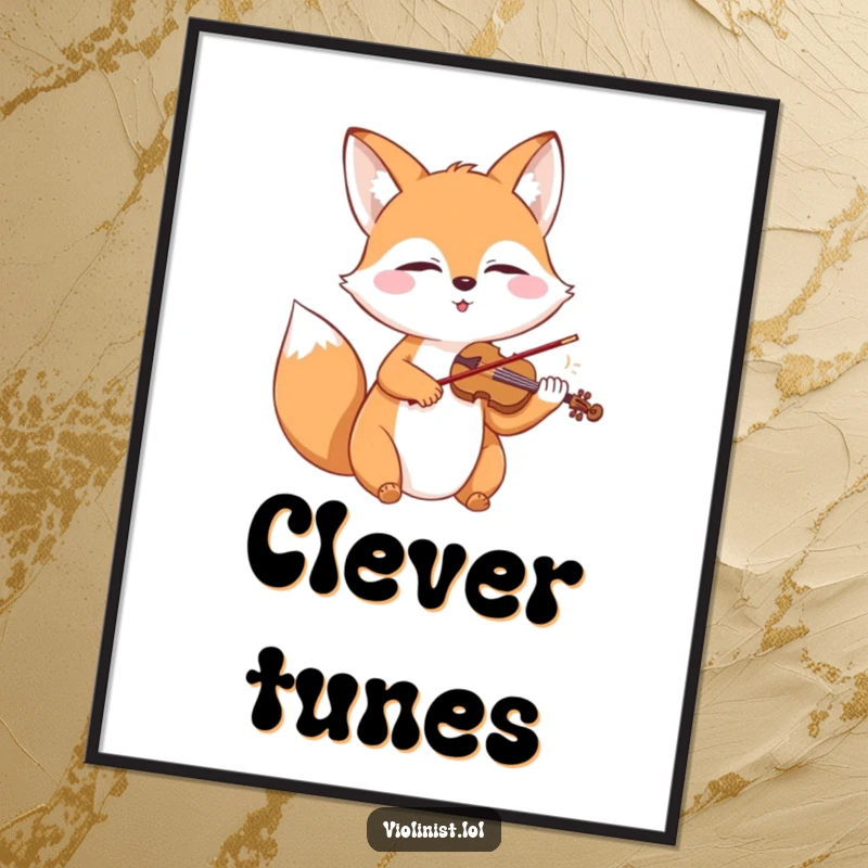 Happy fox with closed eyes passionately playing a miniature violin, presented as a decorative poster.
