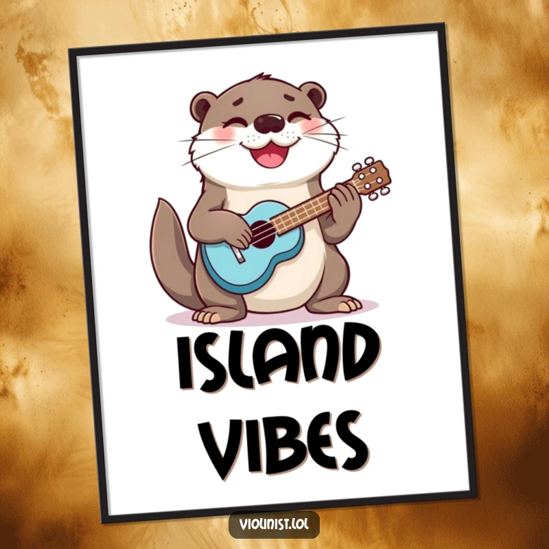 Funny otter playing ukulele with a happy face, creating a lively and humorous wall art poster.