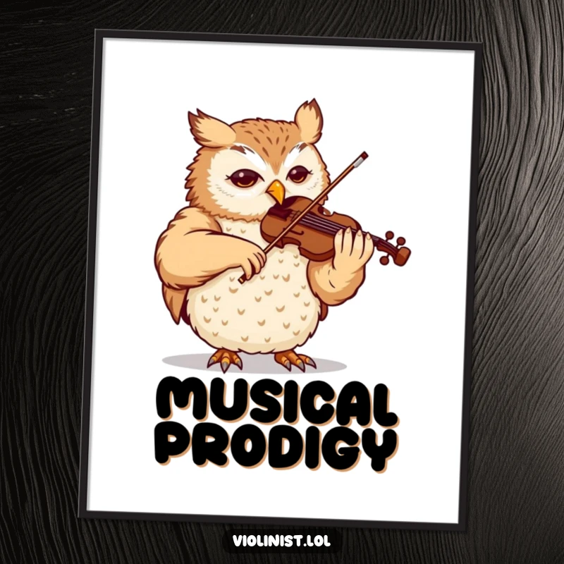 Funny owl poster, content and graceful, performing a complex violin piece, exuding artistic talent and serene focus.