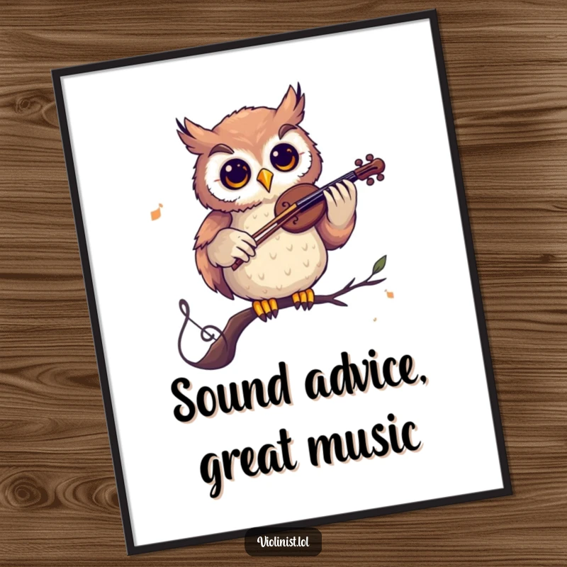 Funny poster depicting a curious owl playing a violin while perched on a musical note, radiating wisdom and humorous musical talent.
