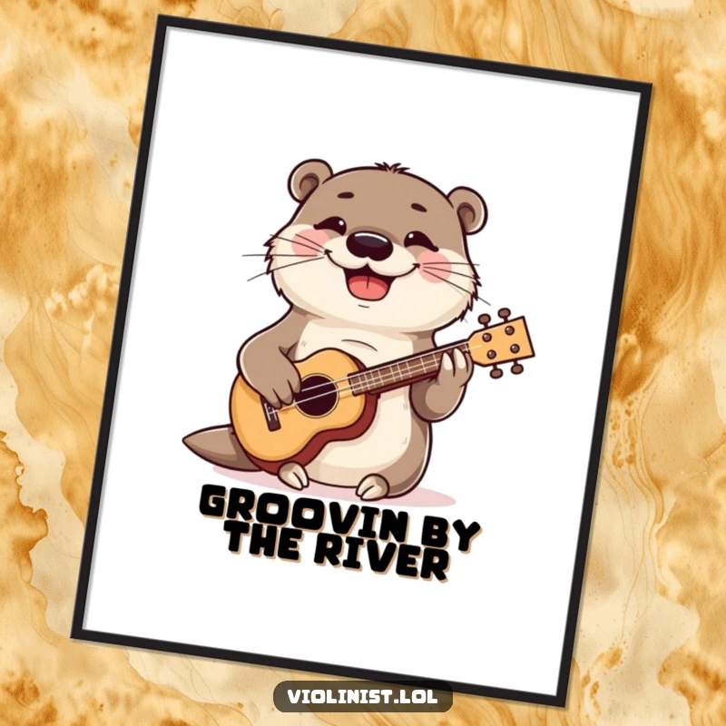 Funny otter grinning while strumming a ukulele, musical wall art, joyful and humorous animal illustration.