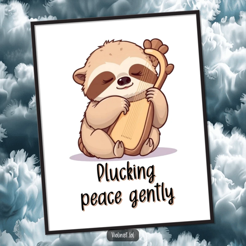 Funny sloth poster, a sleepy sloth gently plucking a harp with one claw, radiating peaceful vibes and soft musical notes.